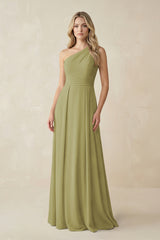 One-Shoulder A-Line Chiffon Bridesmaid Dress in Moss Green | KISSBRIDAL