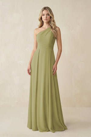 One-Shoulder A-Line Chiffon Bridesmaid Dress in Moss Green | KISSBRIDAL