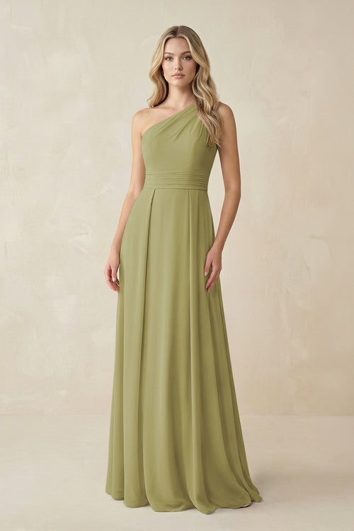 One-Shoulder A-Line Chiffon Bridesmaid Dress in Moss Green | KISSBRIDAL
