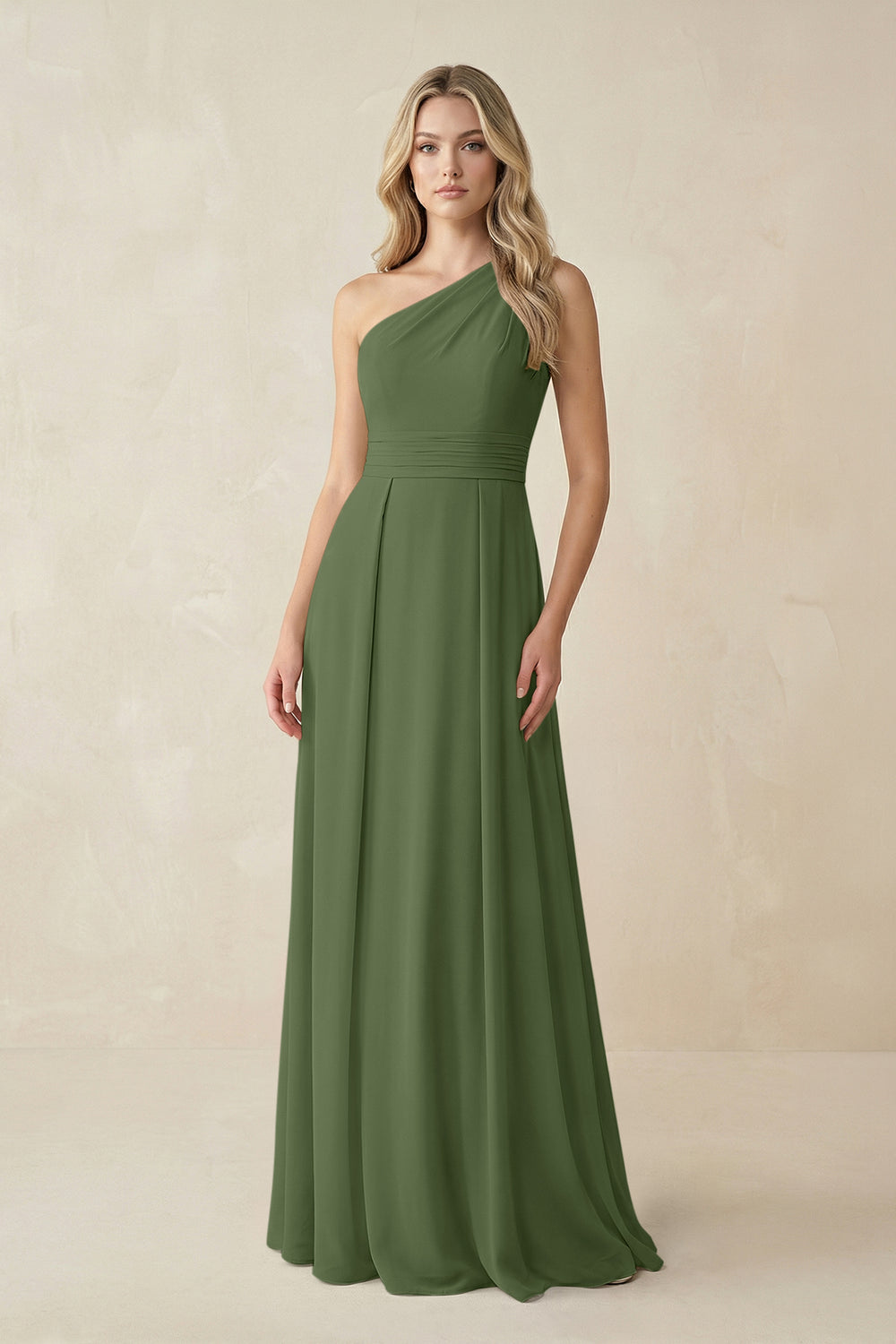 One-Shoulder A-Line Chiffon Bridesmaid Dress in Moss