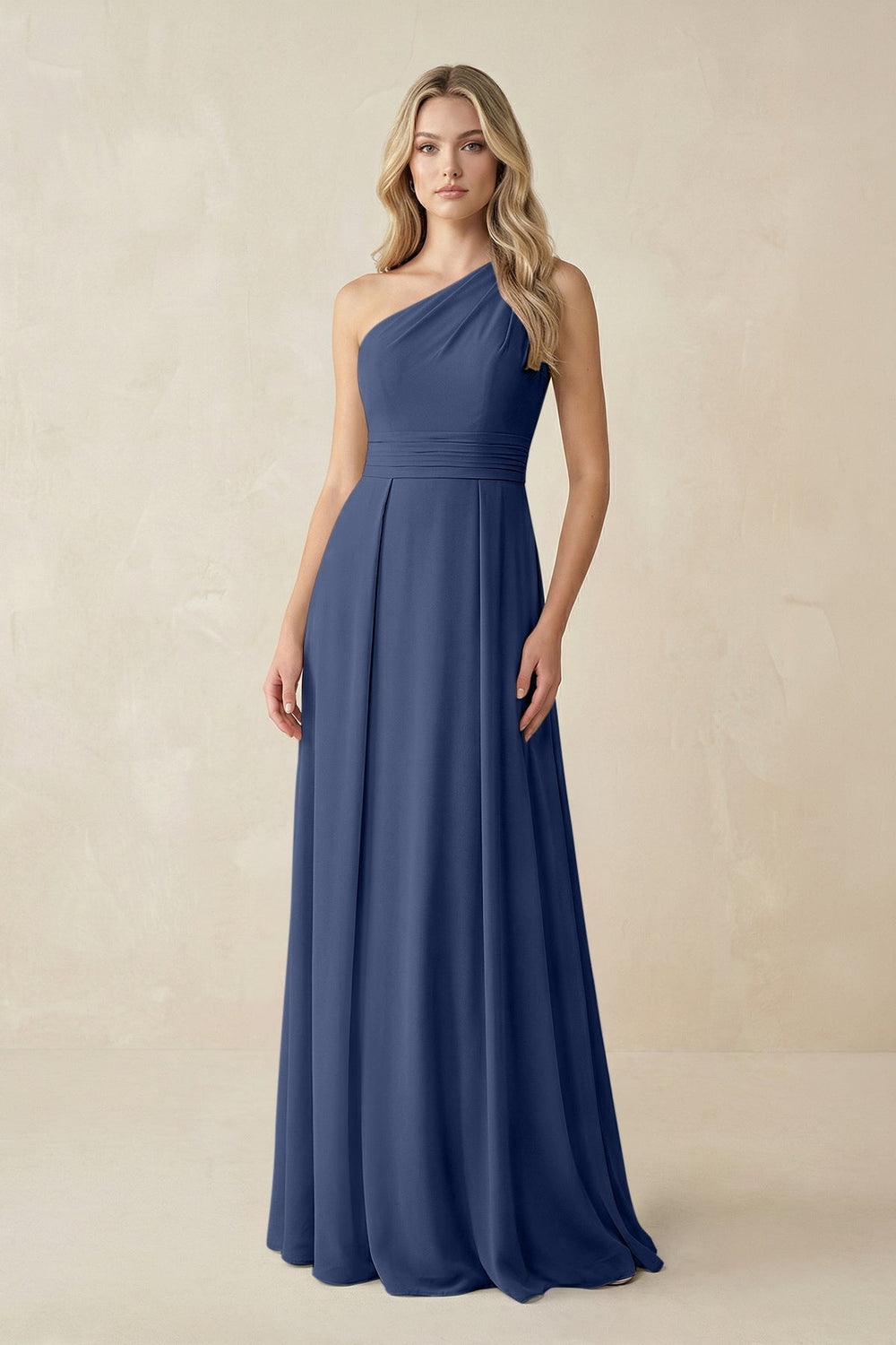 One - Shoulder A - Line Chiffon Bridesmaid Dress in Navy - SHE IS ME Bridesmaid Dresses
