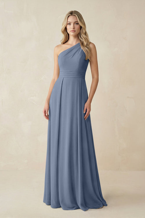 One - Shoulder A - Line Chiffon Bridesmaid Dress in Neptune - SHE IS ME Bridesmaid Dresses
