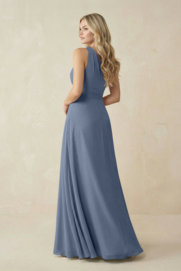 One - Shoulder A - Line Chiffon Bridesmaid Dress in Neptune - SHE IS ME Bridesmaid Dresses