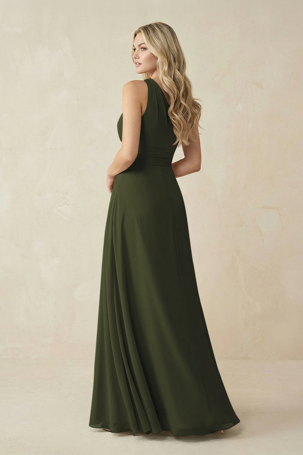 One-Shoulder A-Line Chiffon Bridesmaid Dress in Olive