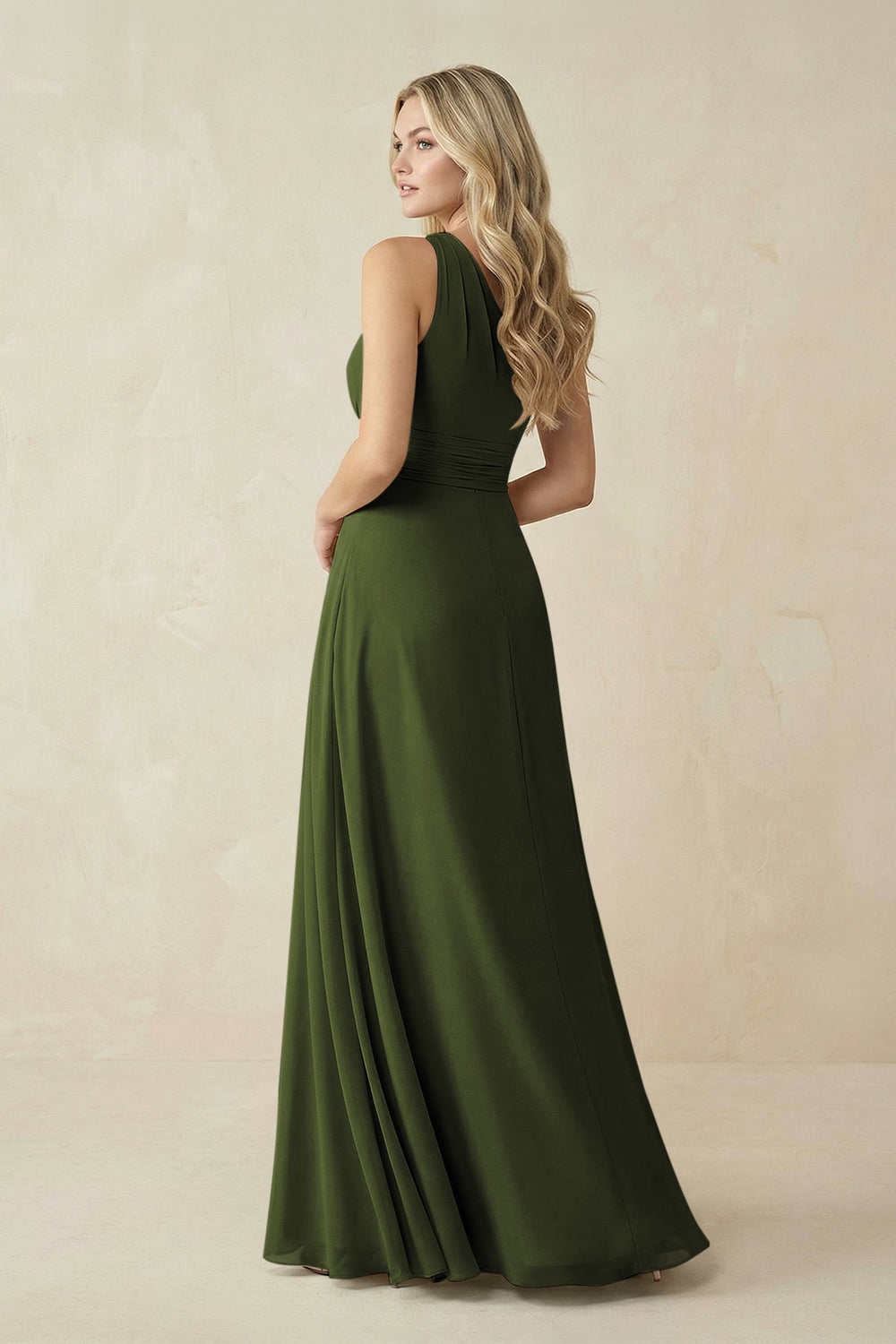 One - Shoulder A - Line Chiffon Bridesmaid Dress in Olive - SHE IS ME Bridesmaid Dresses