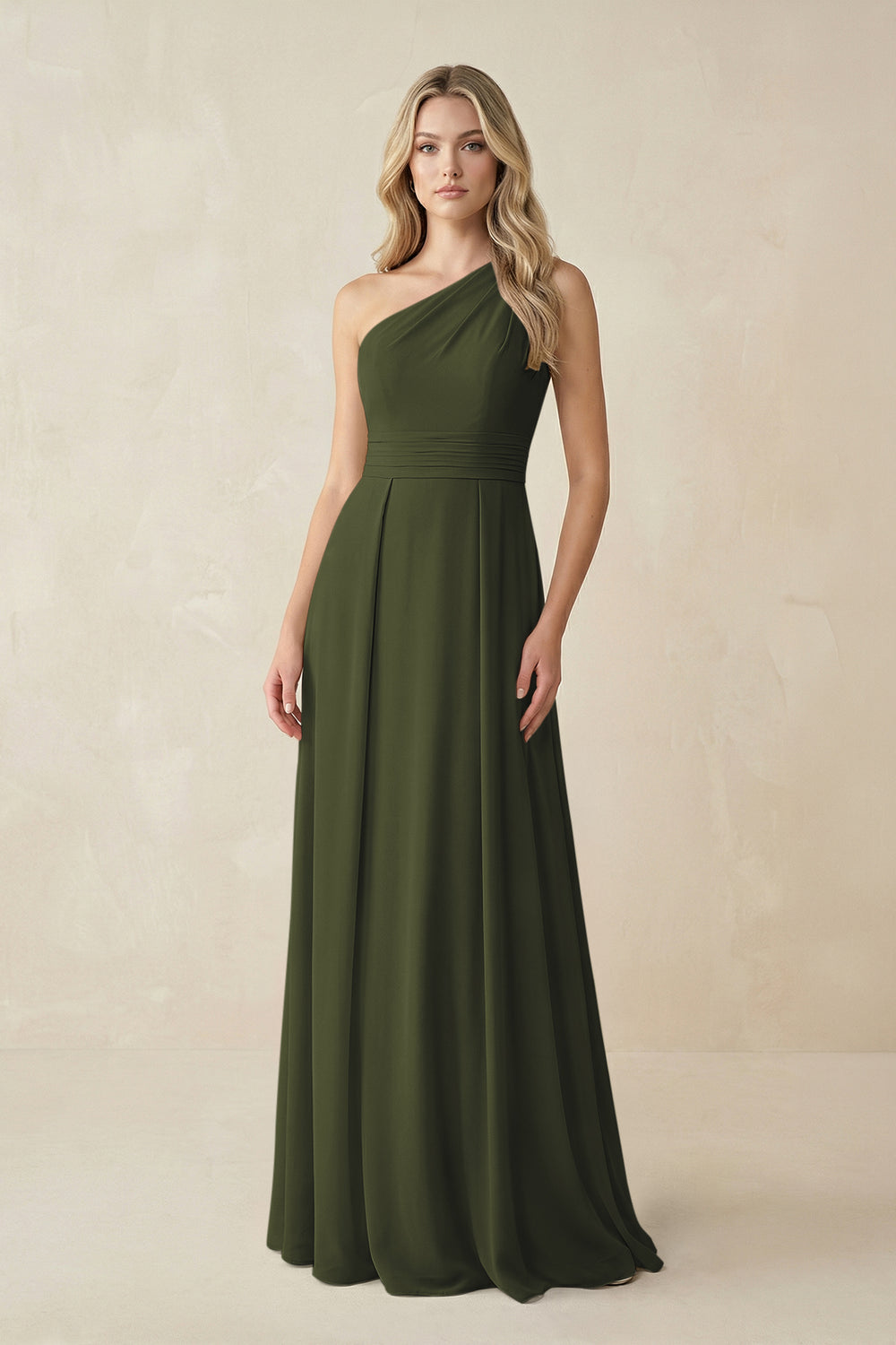 One-Shoulder A-Line Chiffon Bridesmaid Dress in Olive