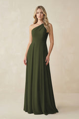 One-Shoulder A-Line Chiffon Bridesmaid Dress in Olive | KISSBRIDAL
