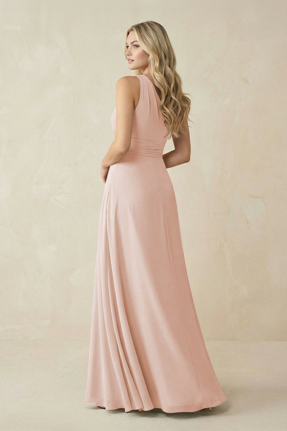 One - Shoulder A - Line Chiffon Bridesmaid Dress in Pale Blush - KISS BRIDAL Bridesmaid Dresses