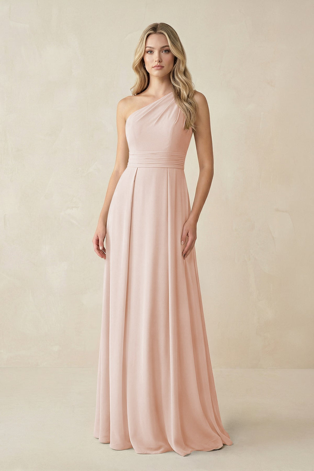 One - Shoulder A - Line Chiffon Bridesmaid Dress in Pale Blush - KISS BRIDAL Bridesmaid Dresses