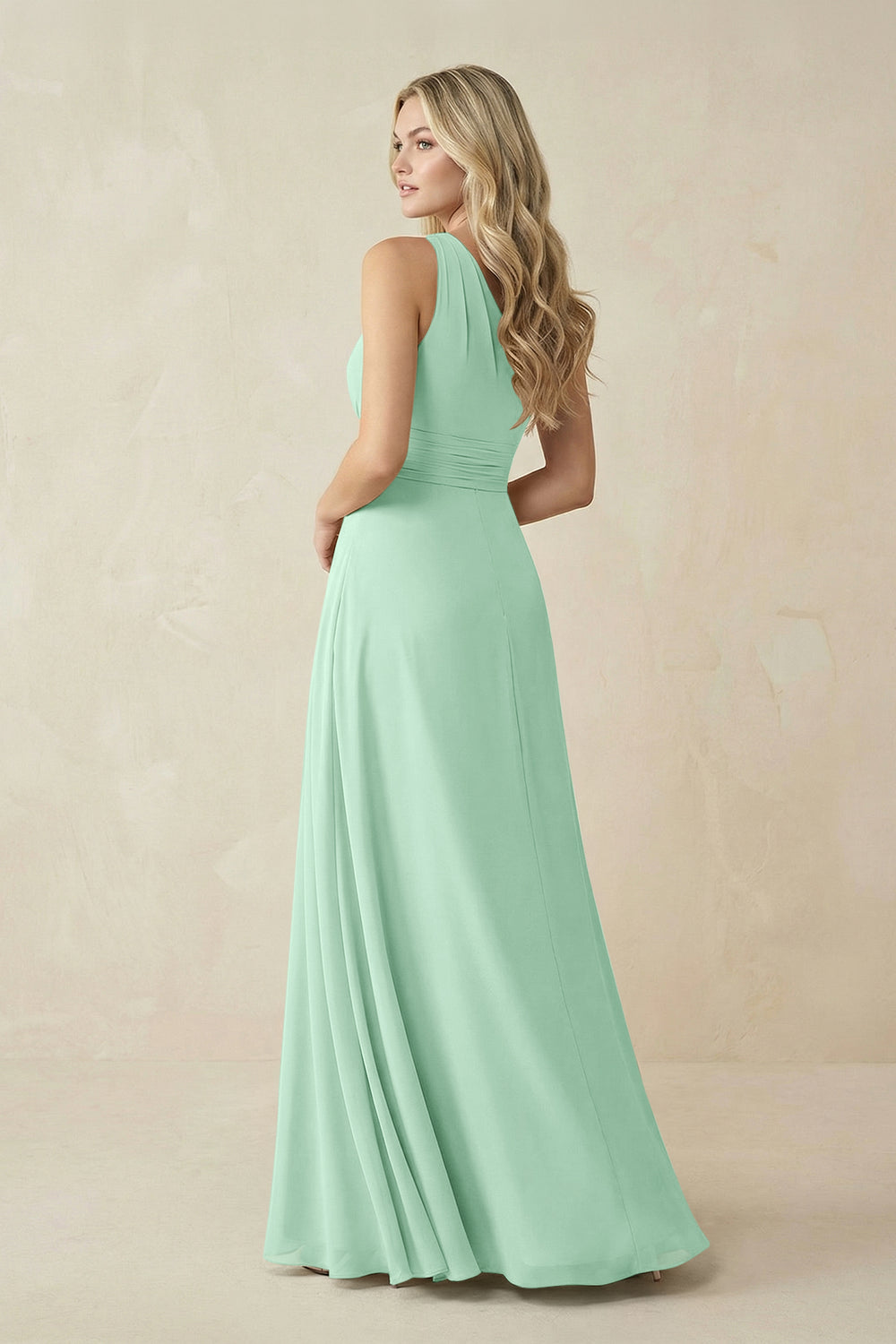 One-Shoulder A-Line Chiffon Bridesmaid Dress in Pale Pistachio