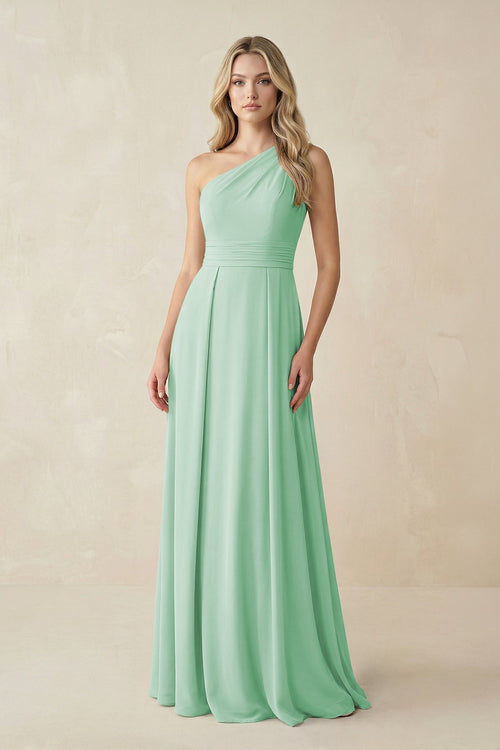One - Shoulder A - Line Chiffon Bridesmaid Dress in Pale Pistachio - SHE IS ME Bridesmaid Dresses