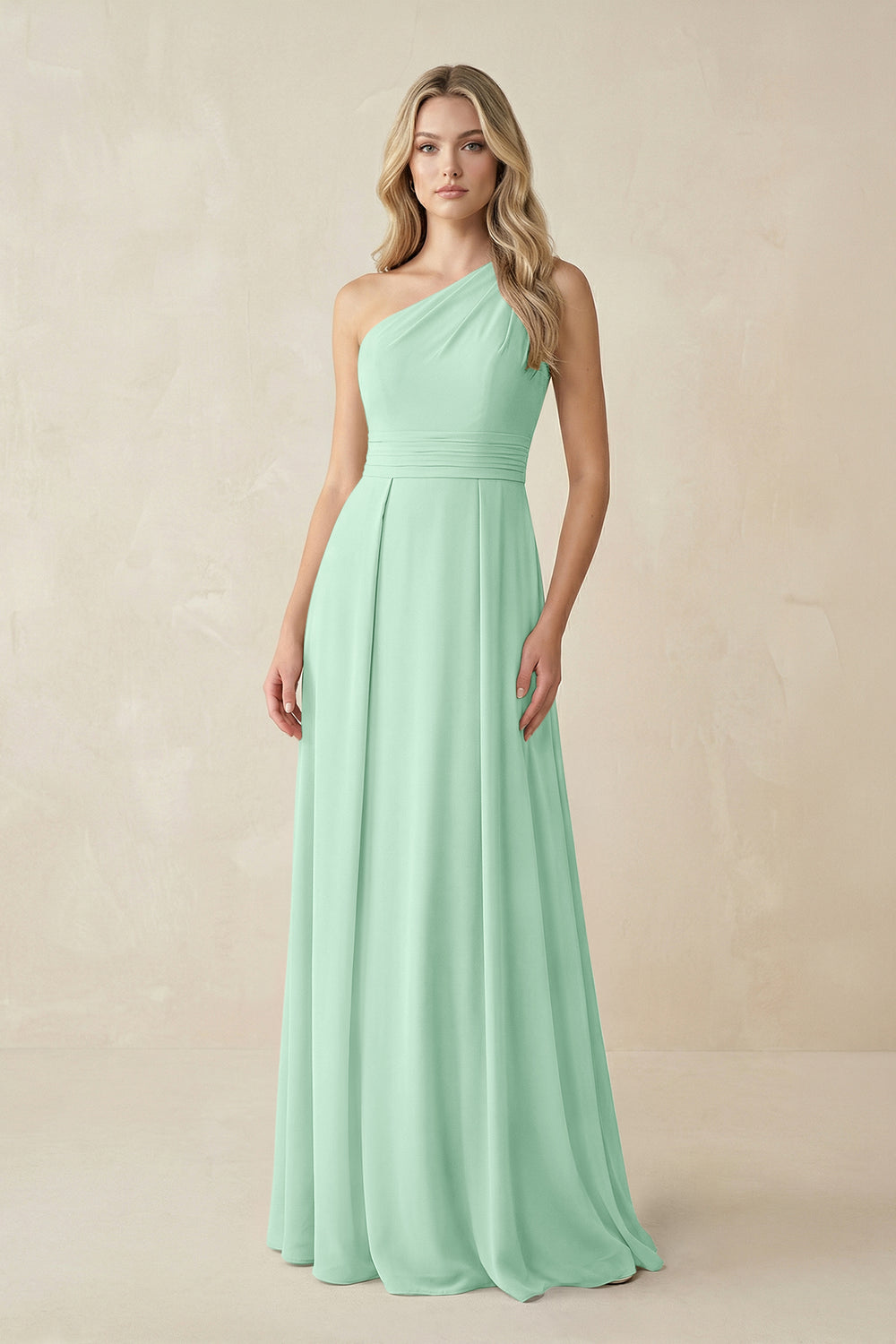 One-Shoulder A-Line Chiffon Bridesmaid Dress in Pale Pistachio