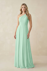 One-Shoulder A-Line Chiffon Bridesmaid Dress in Pale Pistachio | KISSBRIDAL