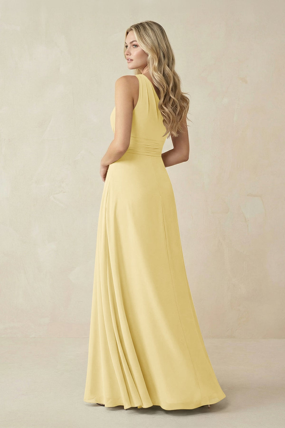 One - Shoulder A - Line Chiffon Bridesmaid Dress in Pastel Yellow - SHE IS ME Bridesmaid Dresses