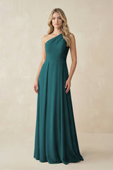 One - Shoulder A - Line Chiffon Bridesmaid Dress in Pine - KISS BRIDAL Bridesmaid Dresses