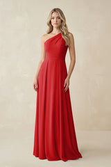 One - Shoulder A - Line Chiffon Bridesmaid Dress in Ruby Red - KISS BRIDAL Bridesmaid Dresses