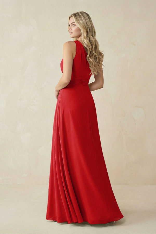 One - Shoulder A - Line Chiffon Bridesmaid Dress in Ruby Red - SHE IS ME Bridesmaid Dresses