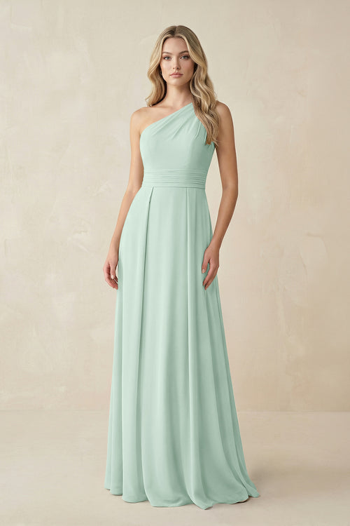 One-Shoulder A-Line Chiffon Bridesmaid Dress in Sage | KISSBRIDAL