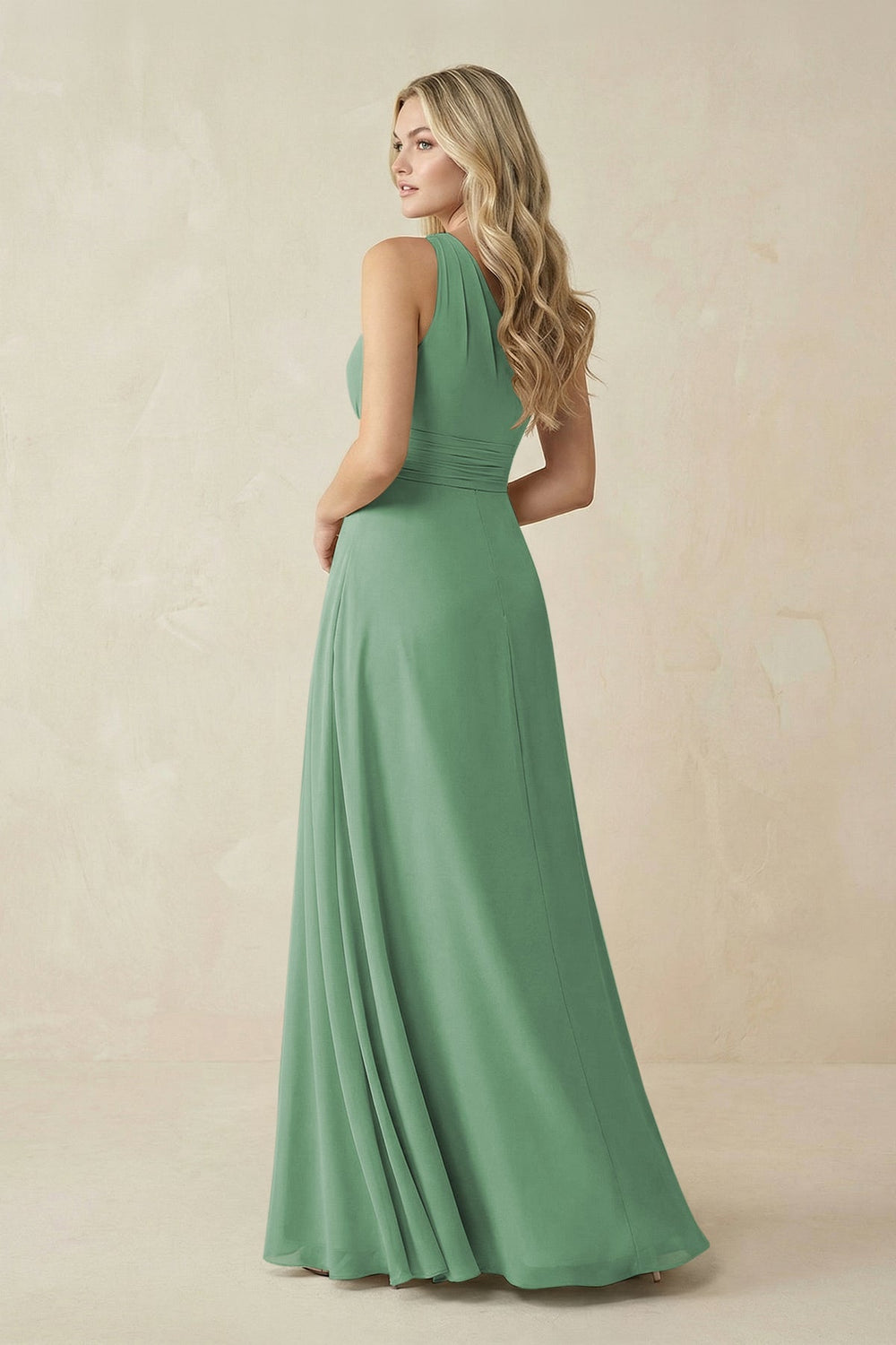 One - Shoulder A - Line Chiffon Bridesmaid Dress in Sea Glass - KISS BRIDAL Bridesmaid Dresses