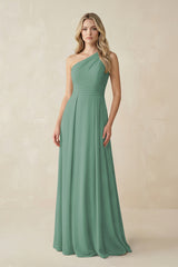 One-Shoulder A-Line Chiffon Bridesmaid Dress in Sea Glass | KISSBRIDAL