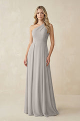 One - Shoulder A - Line Chiffon Bridesmaid Dress in Silver - KISS BRIDAL Bridesmaid Dresses