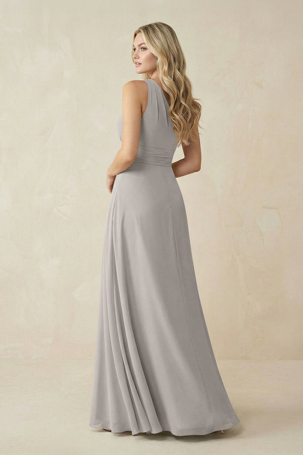 One - Shoulder A - Line Chiffon Bridesmaid Dress in Silver - SHE IS ME Bridesmaid Dresses
