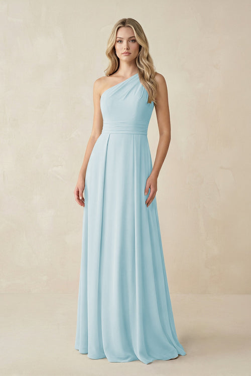 One - Shoulder A - Line Chiffon Bridesmaid Dress in Sky Blue - SHE IS ME Bridesmaid Dresses