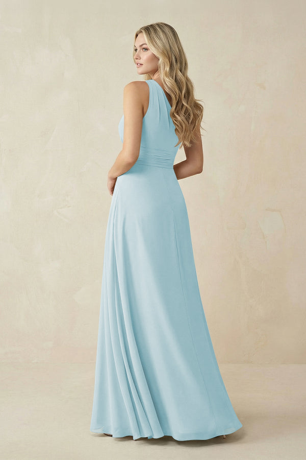 One - Shoulder A - Line Chiffon Bridesmaid Dress in Sky Blue - SHE IS ME Bridesmaid Dresses