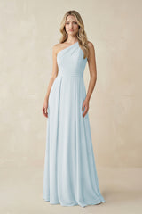 One-Shoulder A-Line Chiffon Bridesmaid Dress in Sky Blue | KISSBRIDAL