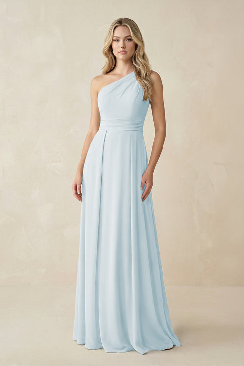 One-Shoulder A-Line Chiffon Bridesmaid Dress in Sky Blue | KISSBRIDAL