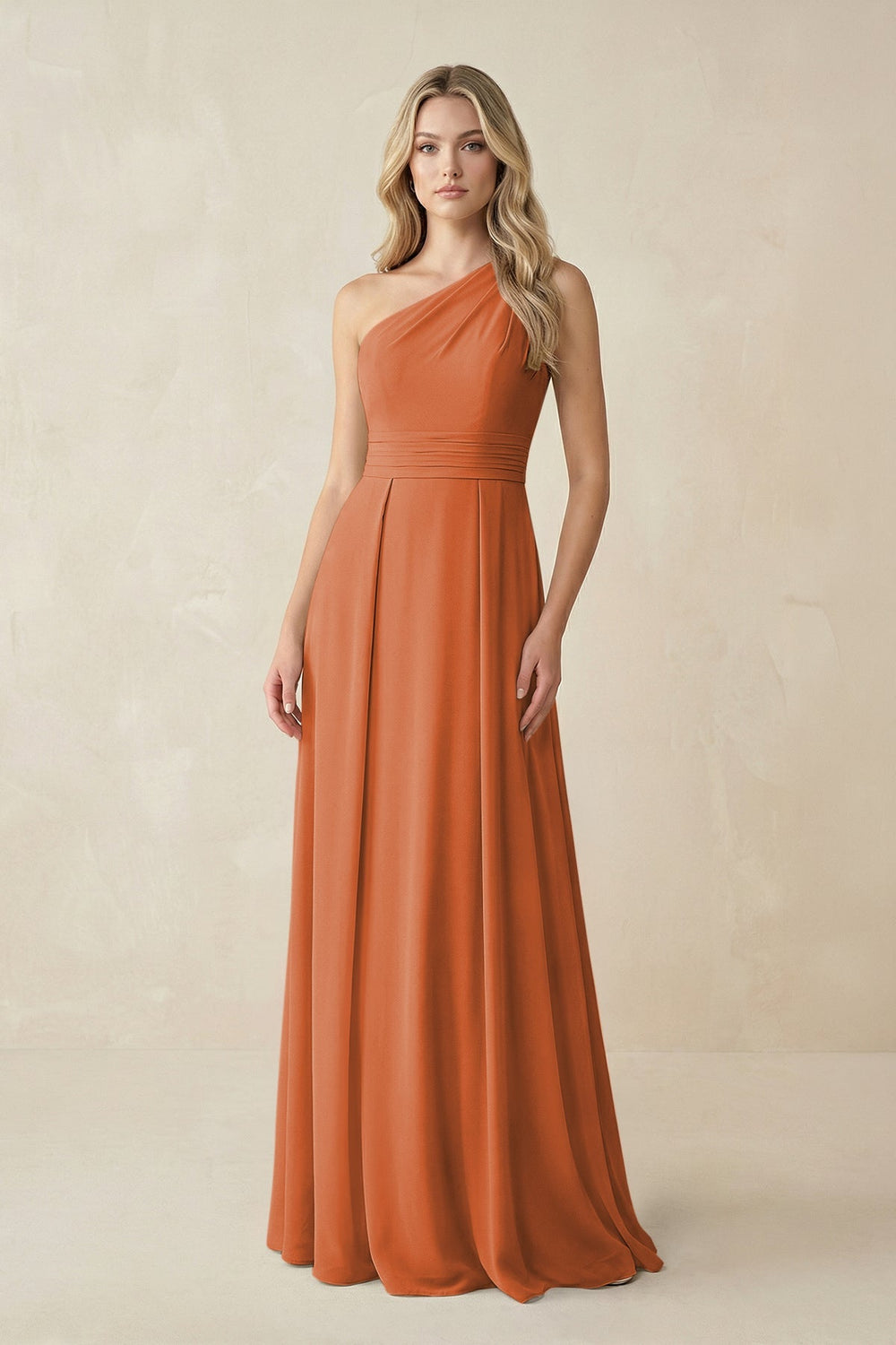 One - Shoulder A - Line Chiffon Bridesmaid Dress in Terracotta - KISS BRIDAL Bridesmaid Dresses