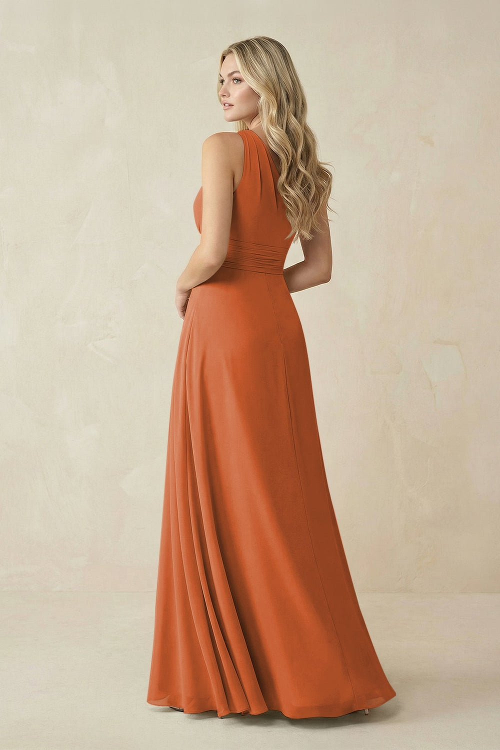 One - Shoulder A - Line Chiffon Bridesmaid Dress in Terracotta - KISS BRIDAL Bridesmaid Dresses