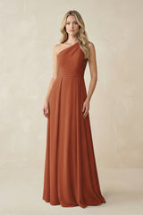 One-Shoulder A-Line Chiffon Bridesmaid Dress in Terracotta | KISSBRIDAL