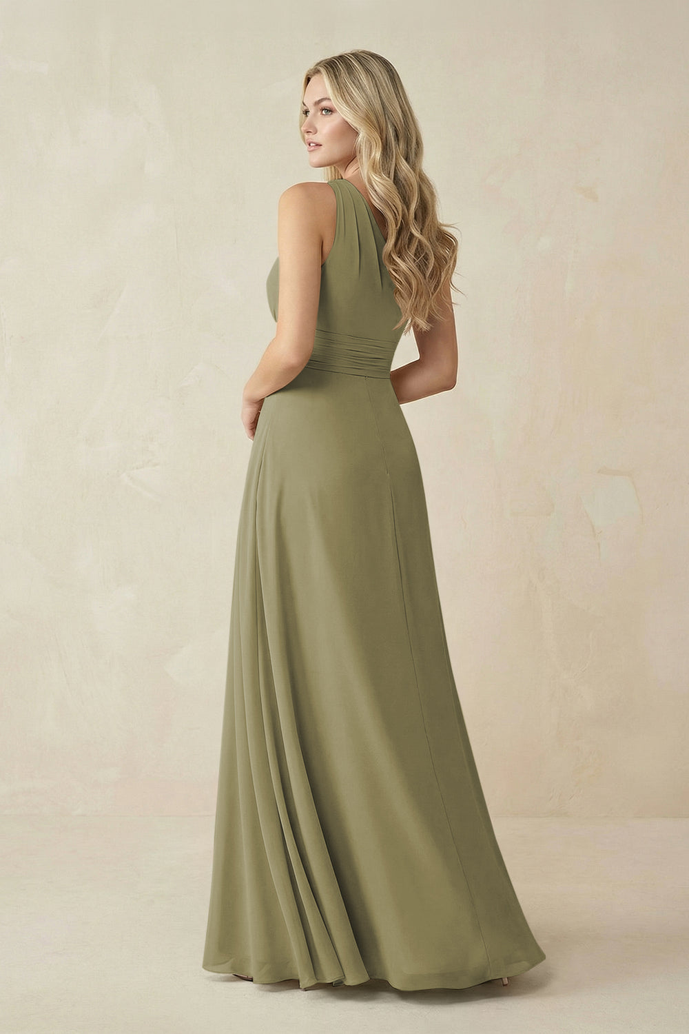One-Shoulder A-Line Chiffon Bridesmaid Dress in Thyme