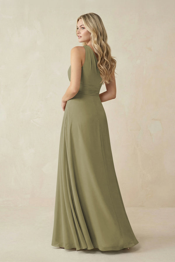 One-Shoulder A-Line Chiffon Bridesmaid Dress in Thyme (2) | KISSBRIDAL