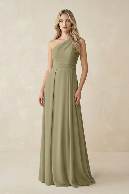 One - Shoulder A - Line Chiffon Bridesmaid Dress in Thyme - SHE IS ME Bridesmaid Dresses
