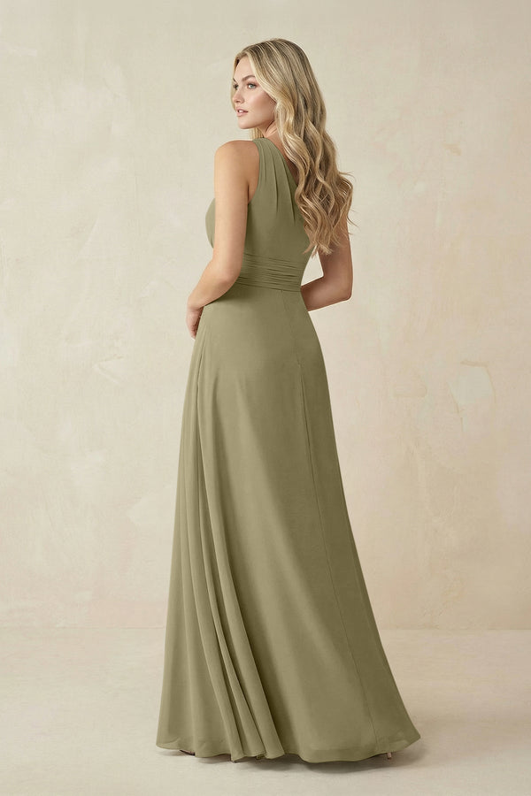 One - Shoulder A - Line Chiffon Bridesmaid Dress in Thyme - SHE IS ME Bridesmaid Dresses