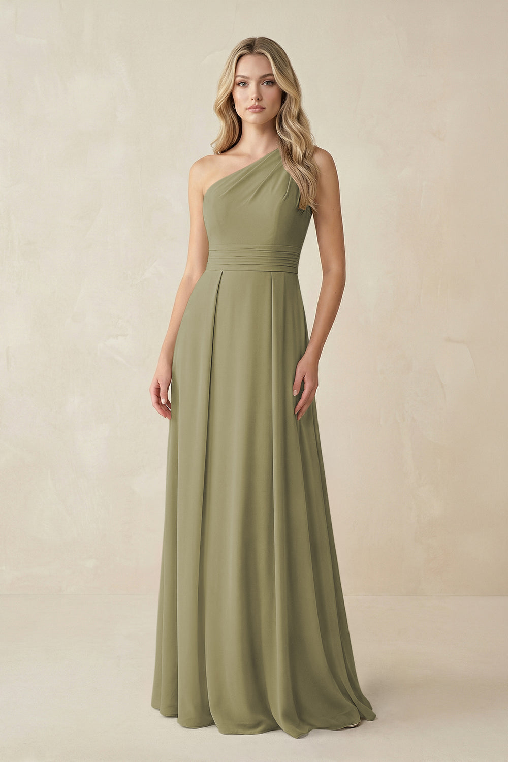 One-Shoulder A-Line Chiffon Bridesmaid Dress in Thyme
