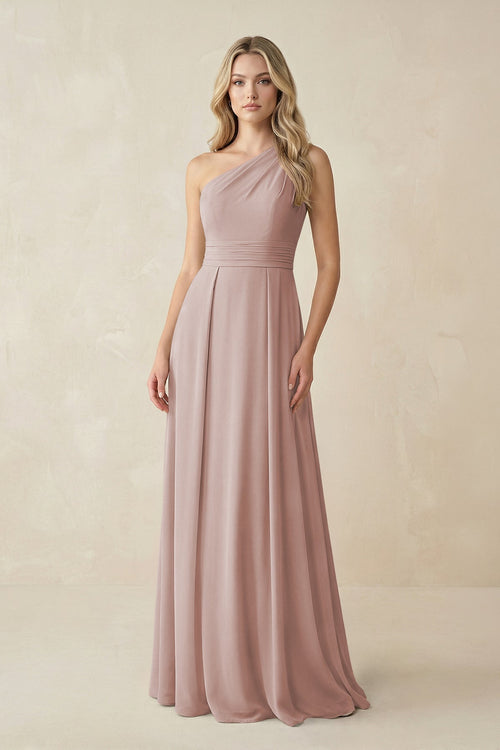 One - Shoulder A - Line Chiffon Bridesmaid Dress in Toffee - SHE IS ME Bridesmaid Dresses
