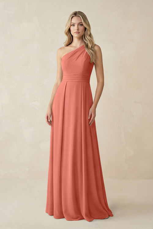 One - Shoulder A - Line Chiffon Bridesmaid Dress in Wild Rose - SHE IS ME Bridesmaid Dresses