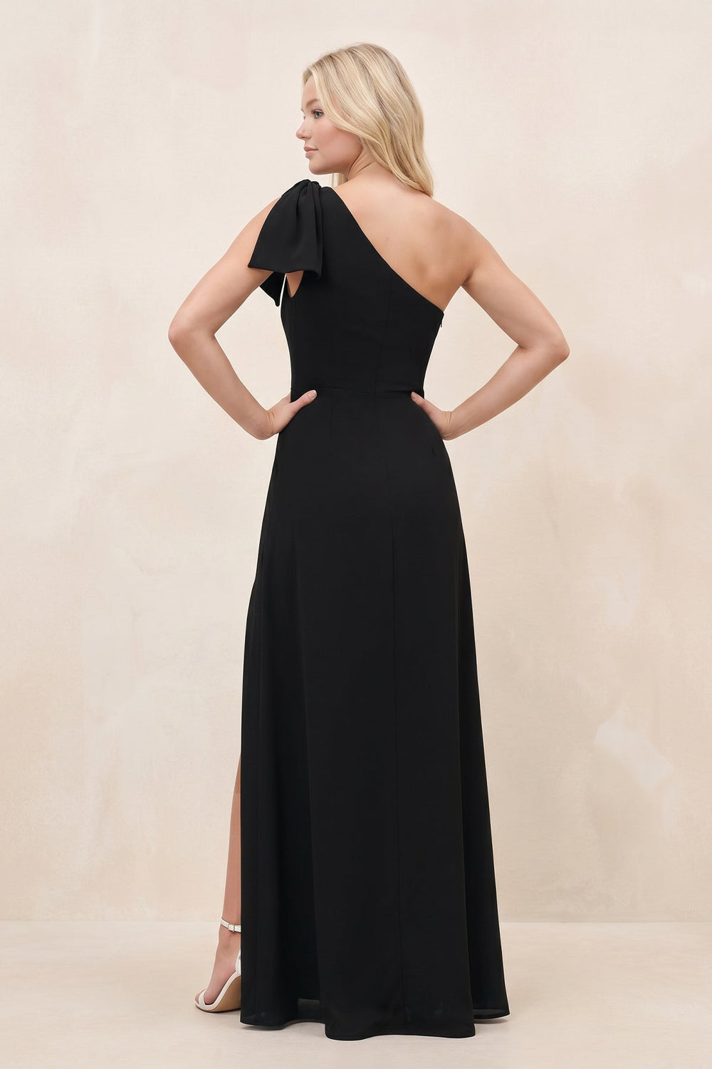 One - shoulder A - Line Chiffon Maxi Dress in Black - KISS BRIDAL Dresses