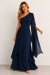 One-Shoulder A-Line Chiffon Ruffled Maxi Dress in Navy – KISS BRIDAL Dresses