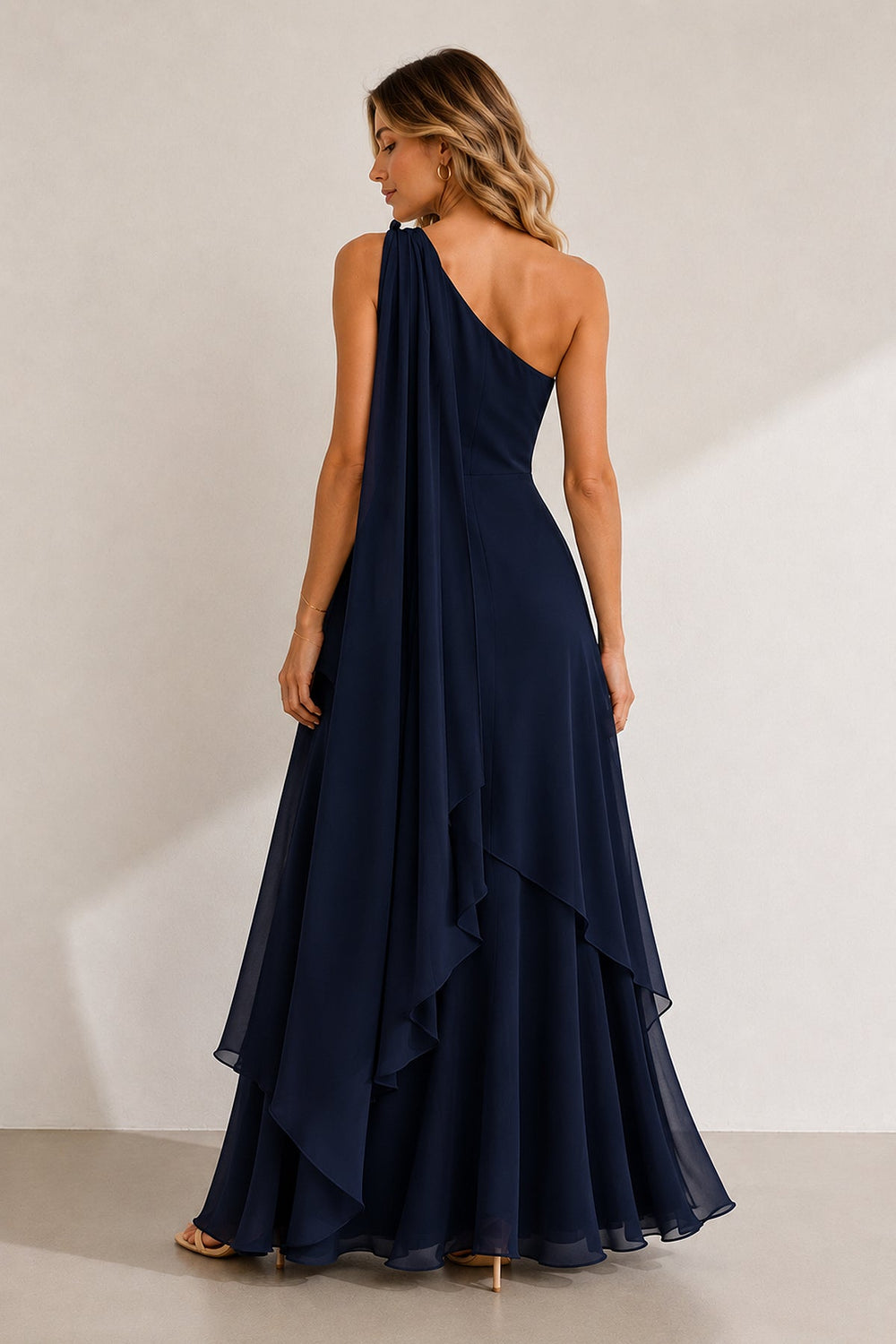 One-Shoulder A-Line Chiffon Ruffled Maxi Dress in Navy– KISS BRIDAL Dresses