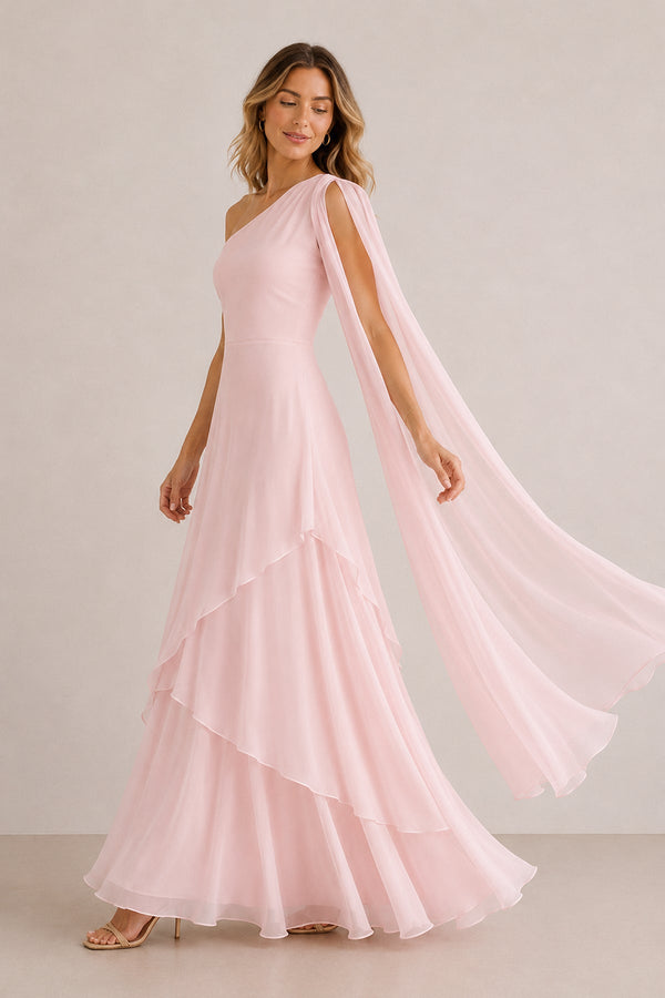 One-Shoulder A-Line Chiffon Ruffled Maxi Dress in Pink– SHE IS ME Dresses