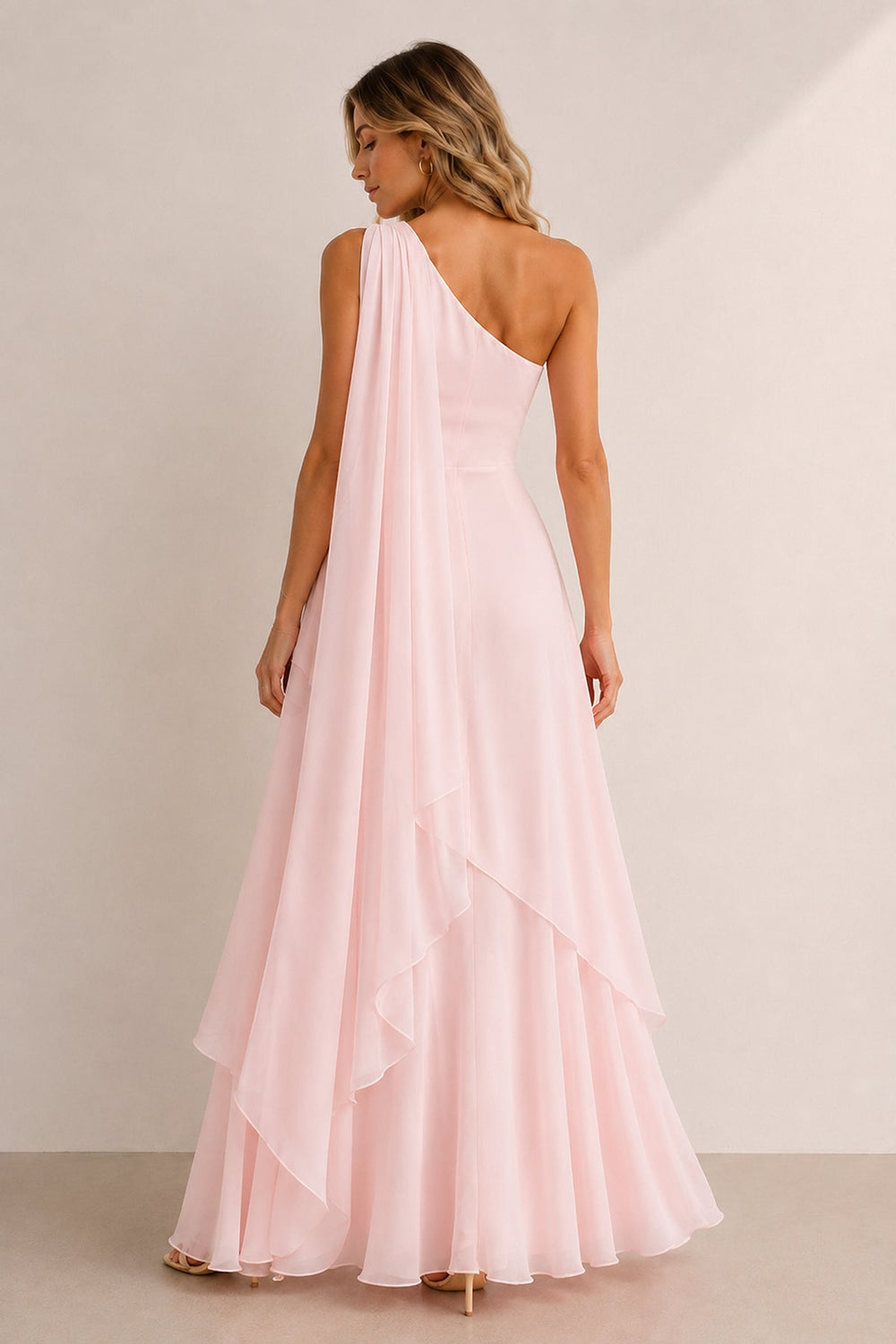 One-Shoulder A-Line Chiffon Ruffled Maxi Dress in Pink– KISS BRIDAL Dresses