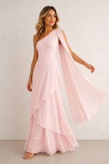 One-Shoulder A-Line Chiffon Ruffled Maxi Dress in Pink– KISS BRIDAL Dresses
