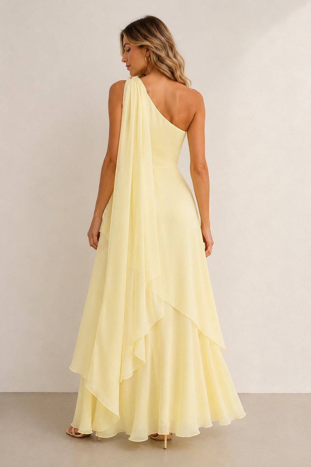 One-Shoulder A-Line Chiffon Ruffled Maxi Dress in Yellow– KISS BRIDAL Dresses