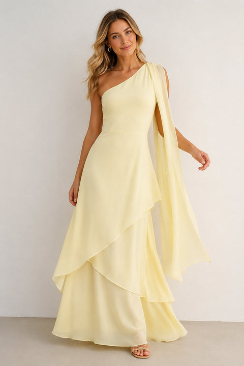 One-Shoulder A-Line Chiffon Ruffled Maxi Dress in Yellow– KISS BRIDAL Dresses