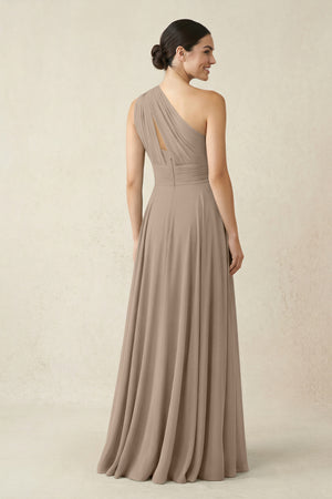 One-Shoulder A-Line Pleated Chiffon Bridesmaid Dress in Almond (2) | KISSBRIDAL