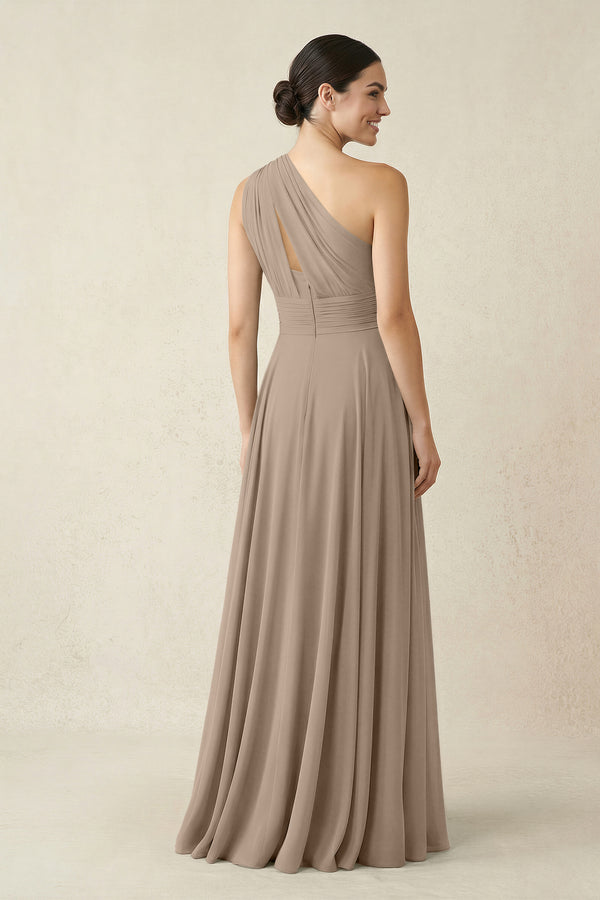 One-Shoulder A-Line Pleated Chiffon Bridesmaid Dress in Almond (2) | KISSBRIDAL